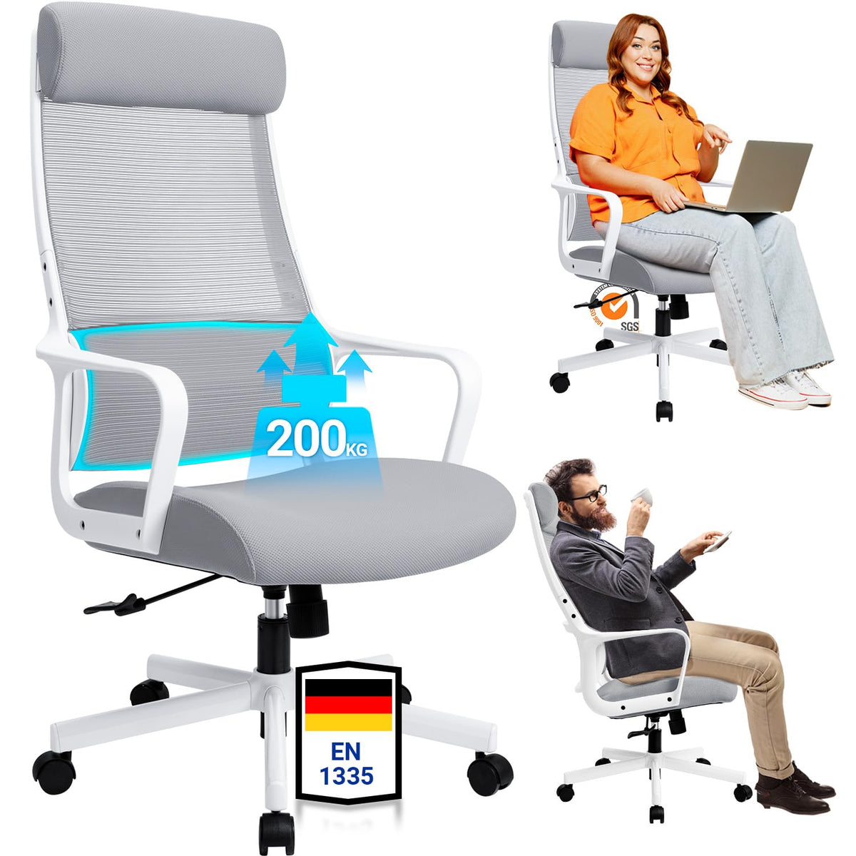 Ergonomic Office Chair with Height Adjustable Headrest, High Back, Lumbar Support, Silent Casters, Heavy Duty Chair for Conference Workspace Area, EN1335 Standard (Grey)