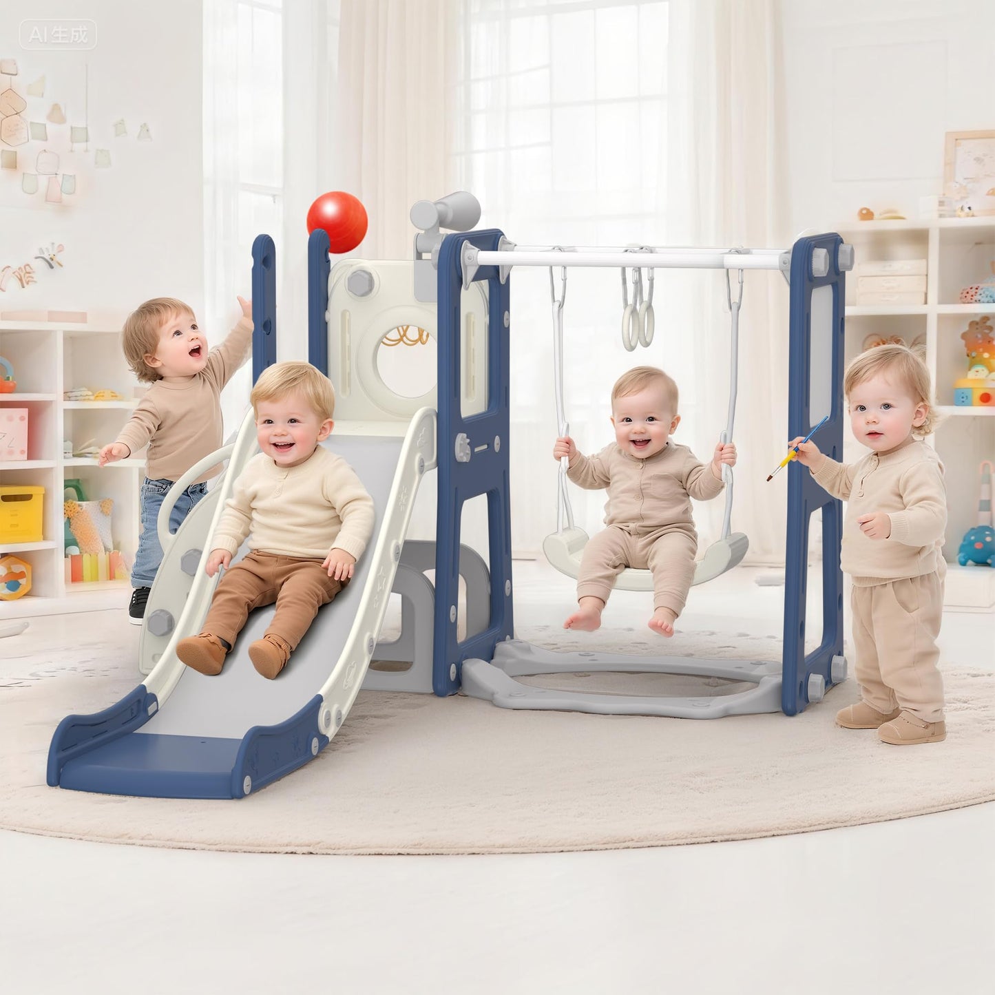 Hominewti Rutsche und Schaukel für Kinder, 8-in-1-Kinderrutsche mit Schaukel, Klettergerüst, Teleskop, Whiteboard, Basketballkorb, Freistehende Rutsche, Spielplatz für Kleinkinder, Grau