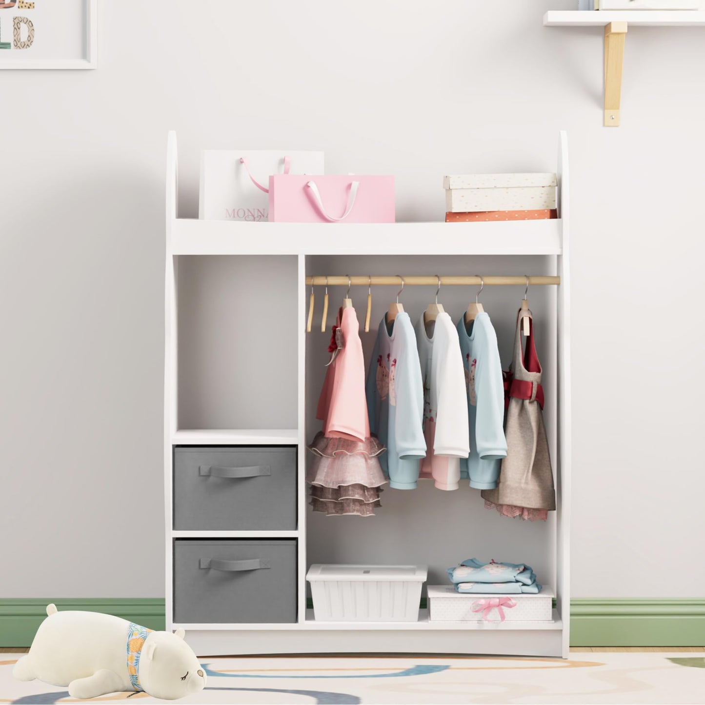 Children's Clothes Rack with Mirror, Clothes Rail with Shelves, Children's Wardrobe Wood, Children's Shelf for Children's Room, 81 x 28 x 106.5 cm (Clouds with 2 Drawers, White)