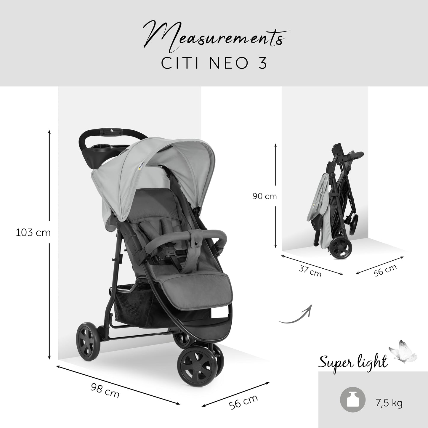 hauck Citi Neo II, Caviar/Stone - 3 Wheeled Pushchair with Raincover, Cup Holder & Tray, Lightweight (only 7.5 kg), Compact & One Hand Folding, XL Basket, from Birth up to 22 kg