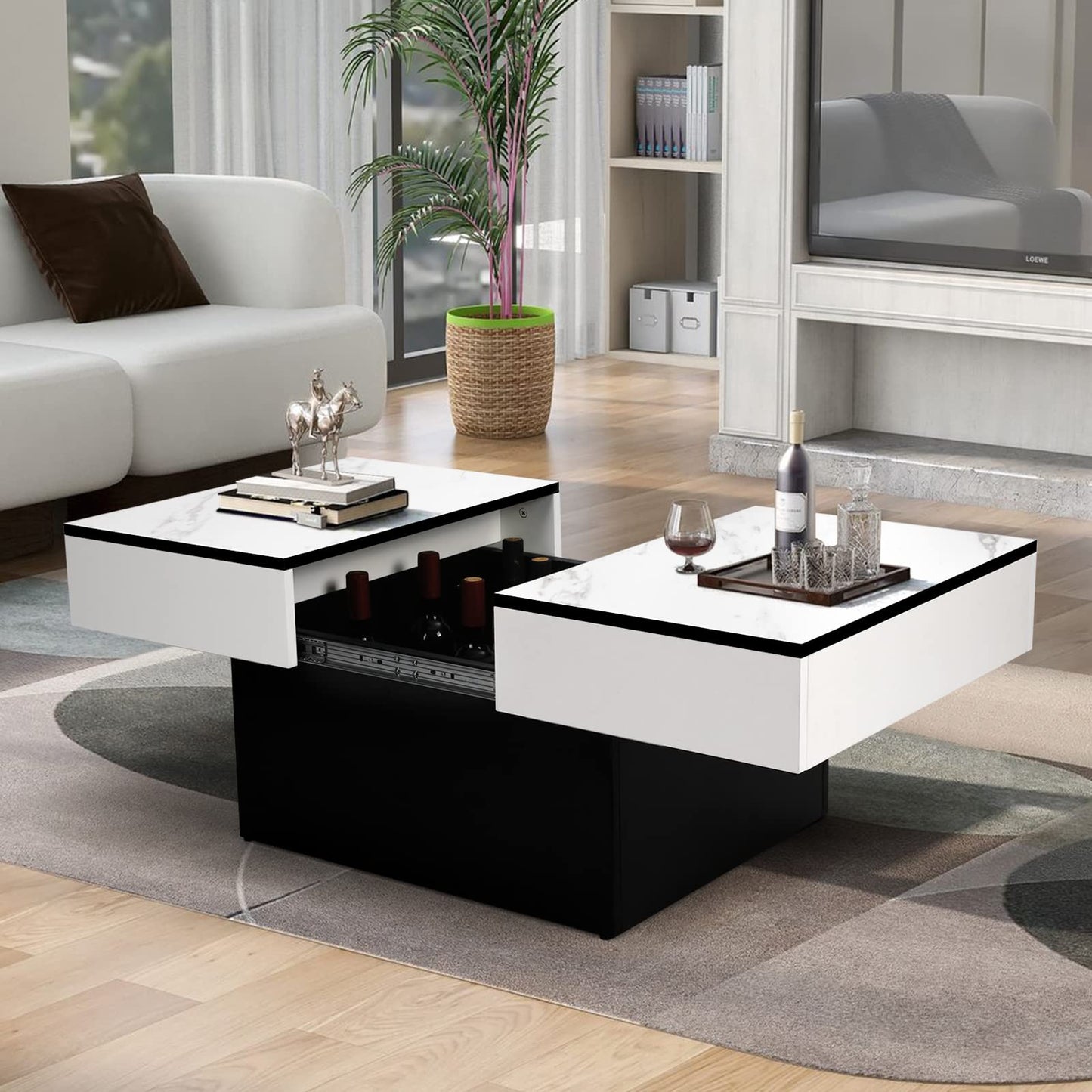 Vowner Coffee Table, Modern Coffee Table, Extendable Desk, Living Room Table with 2 Storage Spaces, High Gloss Finish, 114 x 58 x 40 cm, White Marbling