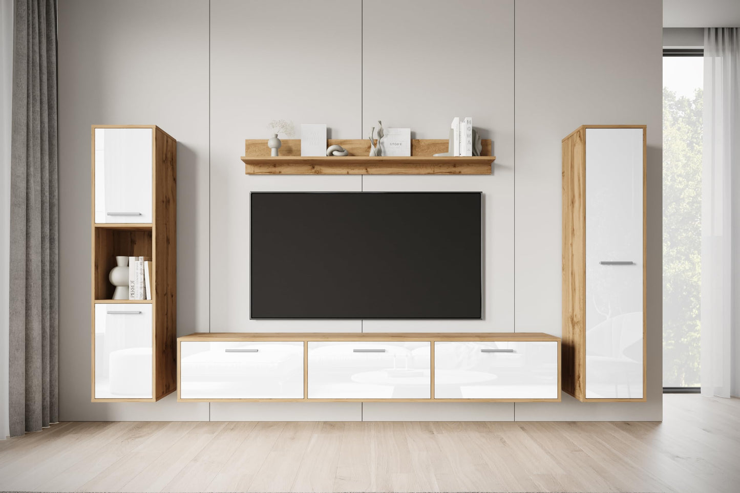 MINIO go for it - Living Room Wall Unit 4-Piece Toga, Living Room Furniture Set, 1 x TV Lowboard, 2 x Tall Cabinet, 1 x Wall Board, Living Room Furniture Complete, Living Room Set - Colour Wotan Oak