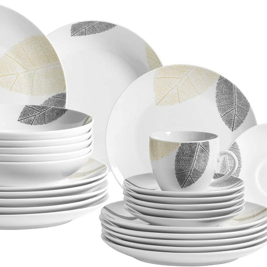 MÄSER 931215 Nicely Decorated Crockery Set for 6 People, 30-Piece Crockery Set with Rimless Shapes, Porcelain, White