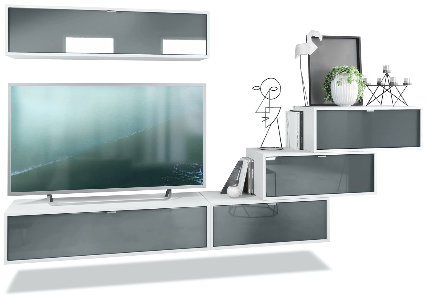 Vladon Lana V1 Wall Unit Made of 5 Hanging Elements with 12 Compartments, Made in Germany, Body in Matte White, Fronts in Bordeaux High Gloss, Large Choice of Colours