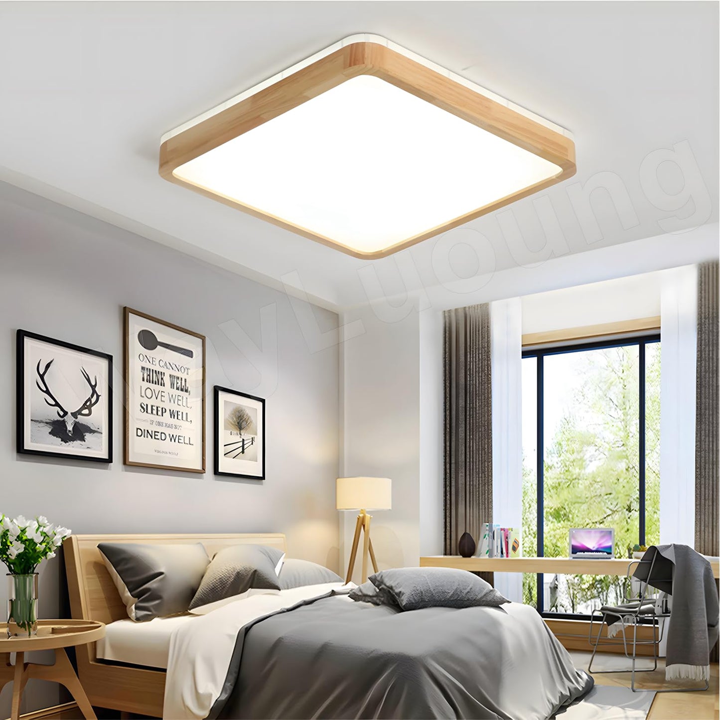 LED Wooden Ceiling Light, Diameter 30 cm, 3000 K, 1620 lm, 18 W, Ceiling Light with Square Top, 360° Luminous Natural Wood, Bedroom, Living Room, Children's Room, Kitchen, Dining Room (Warm White)