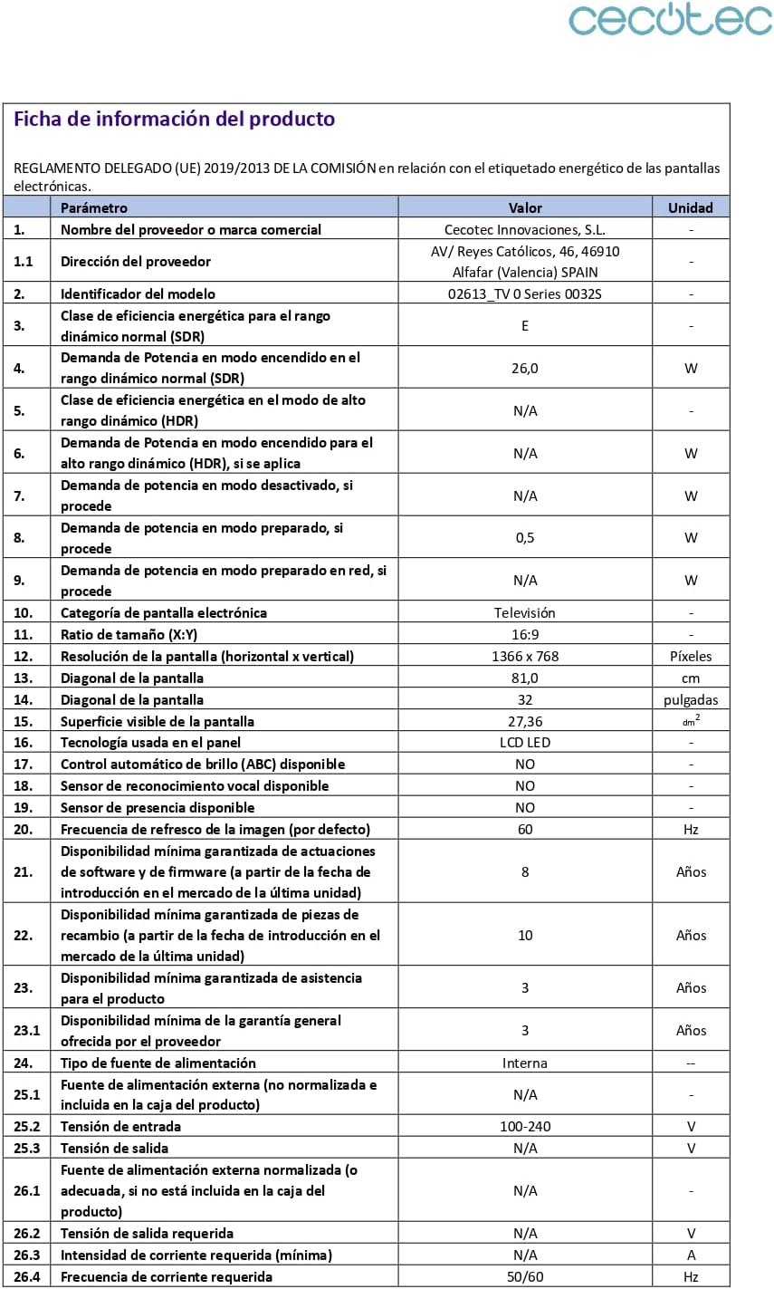 Cecotec TV 32 Inch TV LED 0 Series 0032S. 32 Inch Screen, HD, Optimal Resolution for Pictures and Videos, Dolby System, Flash Memory, HDMI/USB Connectivity, Remote Control