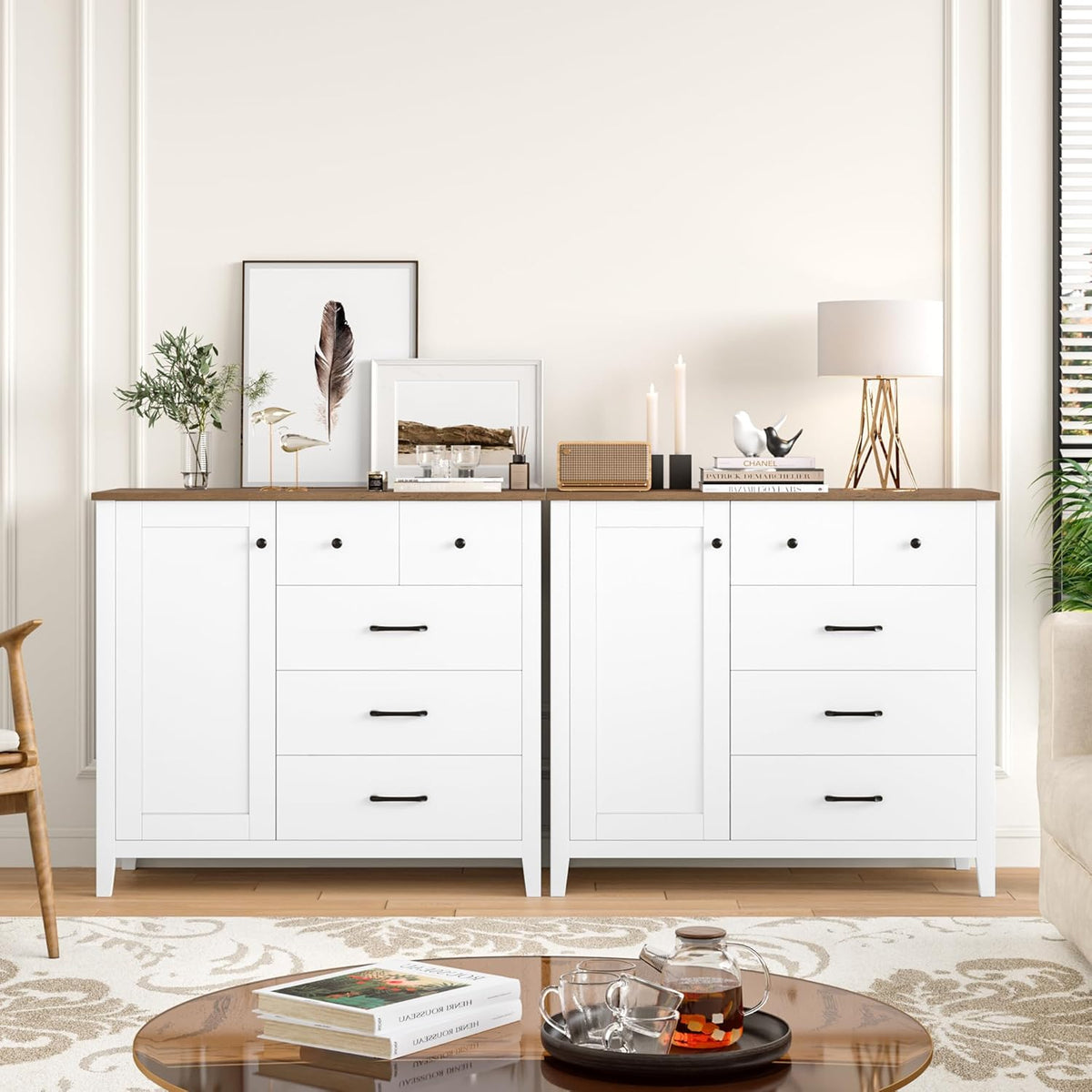 HOCSOK Sideboard, Küchenschrank mit 5 Schubladen und 1 Tür, Buffetschrank mit Arbeitsplatte für Küche, Esszimmer, Wohnzimmer, Flur, Holz, Weiß & Braun