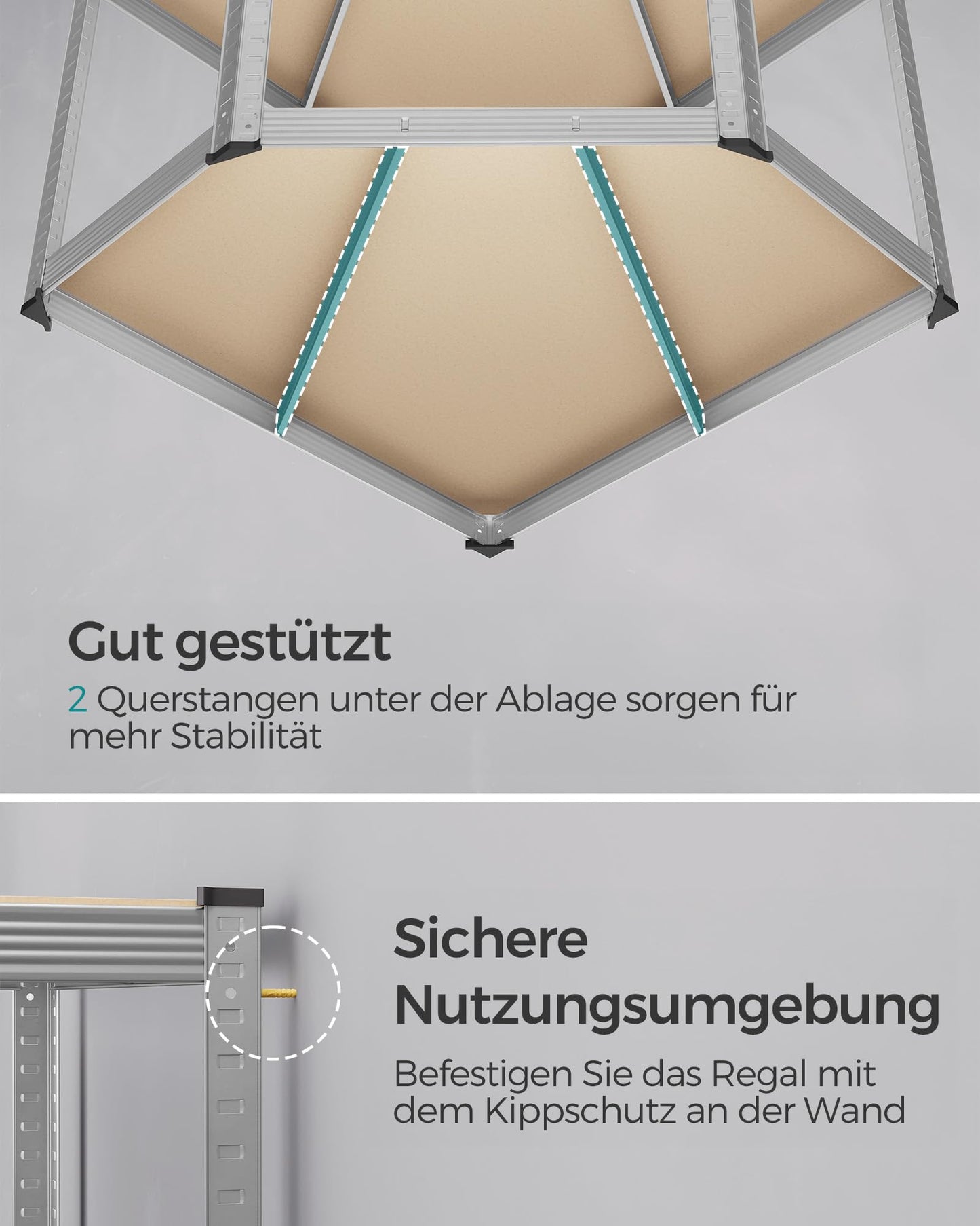 SONGMICS Corner Shelving Set, 5 Levels, Heavy Duty Shelf, Metal, Storage Shelving for Garage, Storage Room, Basement Shelf, Holds up to 2625 kg, Silver/Natural Beige, GLR070E03