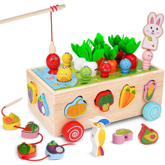 Goffii Montessori Toy, Children's Baby 8-in-1 Wooden Toy, Farm Cars, Carrots Harvest Sorting Stacking Toy, Hand Eye Coordination Motor Skills Toy from 3 4 5 Years Girls Boys Gift
