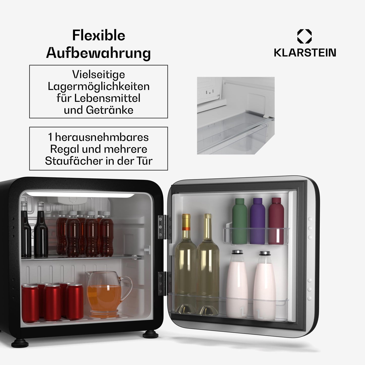 Klarstein Kühlschrank, Mini-Kühlschrank für Getränke, Kühlschrank Klein, Kleiner Kühlschrank Lautlos, Skincare Fridge, Vintage Design, Camping Kühlschrank, Minikühlschrank für Zimmer, 0-10°C, 70 L