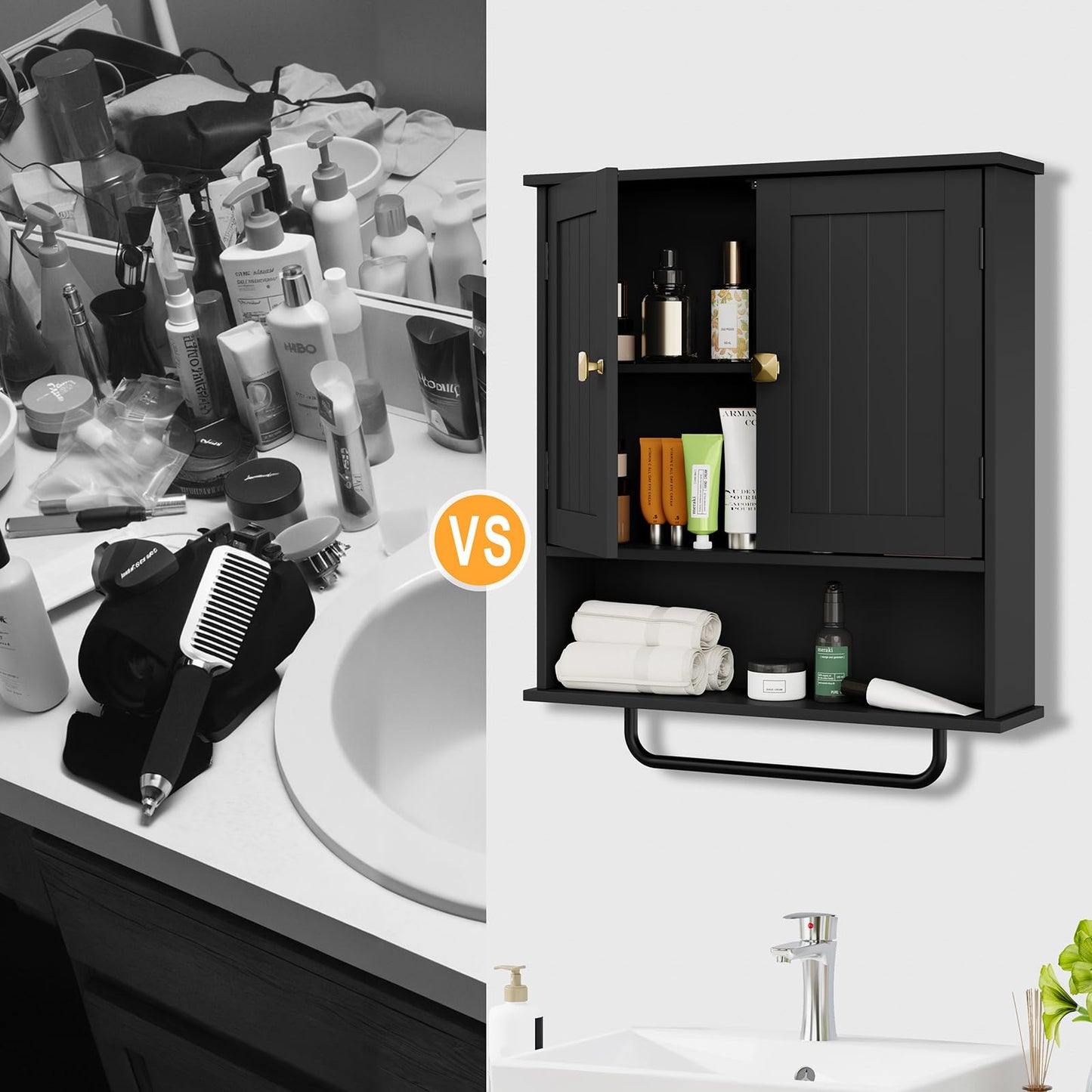 RRX Bathroom Cabinet, Wall Cabinet with Towel Rail, 56 x 13 x 65 cm, Storage Cabinet Over the Toilet with 2 Doors and Adjustable Shelf, White Wall Cabinet for Bathroom, Laundry Room (White)