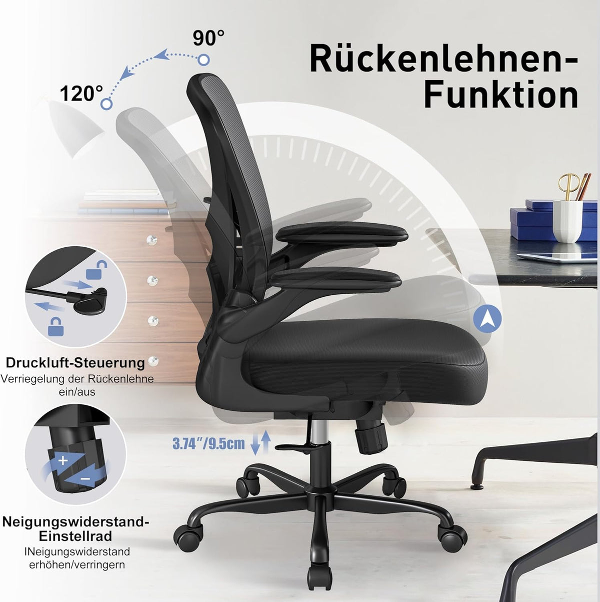 ZZH Ergonomic Desk Chair, Mesh Office Chair with Adjustable Lumbar Support & Folding Armrests, Breathable Computer Chair for Home Office with 360° Rotation & Height Adjustment, Black