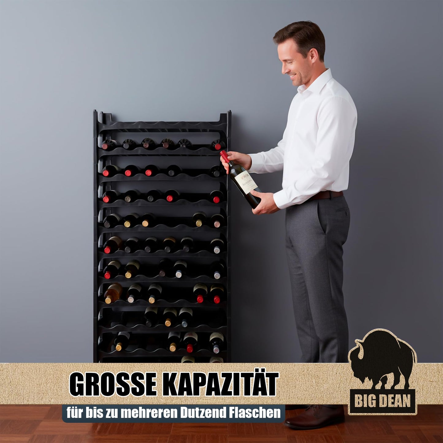 BigDean Bottle Rack Stackable for 72 Bottles Wine Rack Made of Plastic Black Drinks Rack Bottles Shelf System for Glass & PET up to 1.5 Litres
