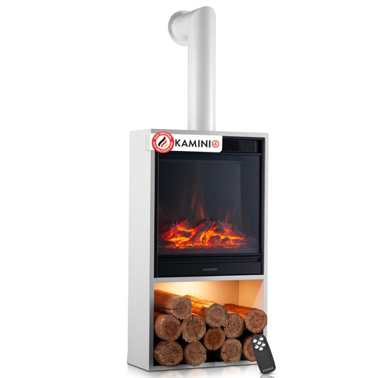 Hugo Electric Fireplace with Heater, 3D Flame Effect, LED Ambient Light, Wooden Compartment, Remote Control (White)