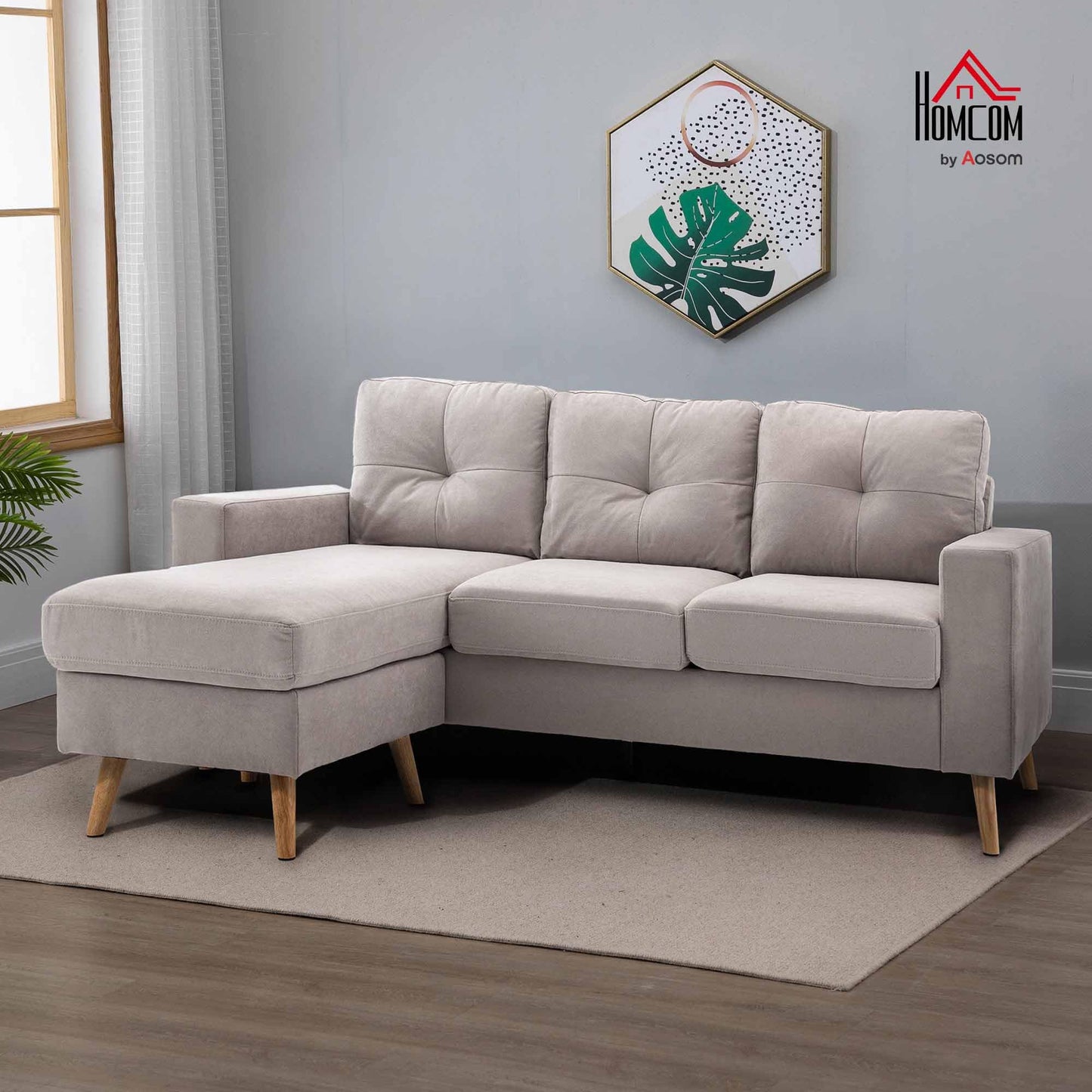 HOMCOM Corner Sofa L-Shaped Sofa with 3 Cushions, Corner Couch with Button Binding, Linen Look, Couch Living Landscape for Living Room, Bedroom, 193 x 136 x 85 cm, Black