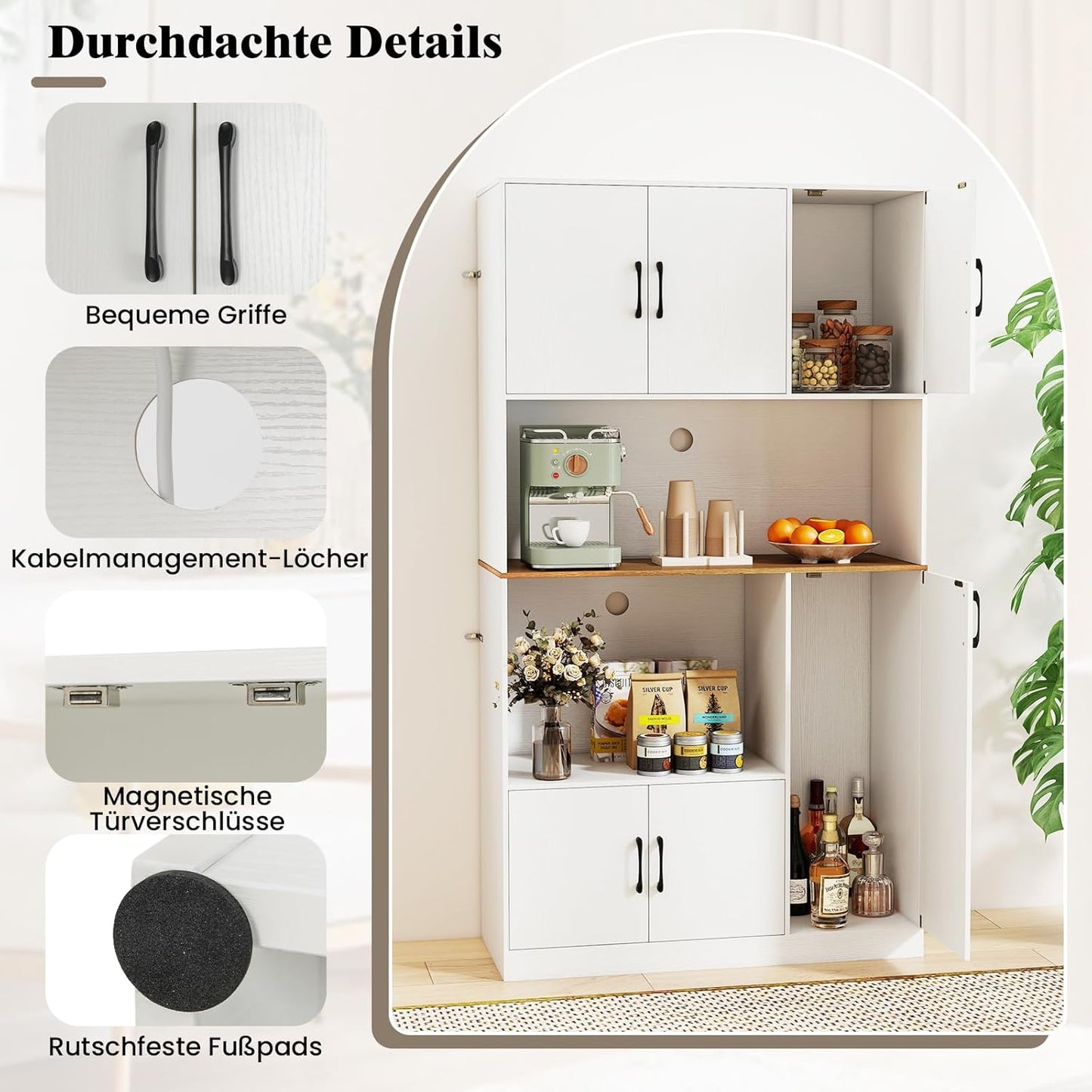 COSTWAY Wooden Kitchen Cabinet, Buffet Cabinet with Socket, Tall Cabinet with Doors & Worktop, Storage Cabinet for Kitchen & Living Room, 100 x 40 x 180 cm (White)