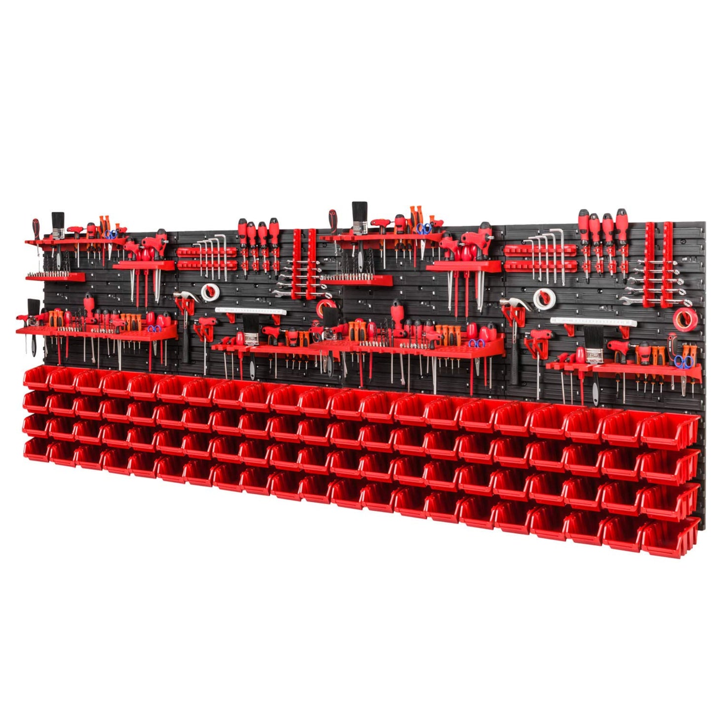 PAFEN Tool Wall Storage System 2308 x 780 mm - Set Tool Holders and 84 Pieces Black Stacking Boxes - Wall Shelf Workshop Shelf Perforated Wall Pour Rack Display Storage Boxes