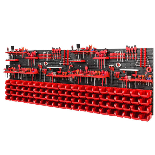 PAFEN Tool Wall Storage System 2308 x 780 mm - Set Tool Holders and 84 Pieces Black Stacking Boxes - Wall Shelf Workshop Shelf Perforated Wall Pour Rack Display Storage Boxes