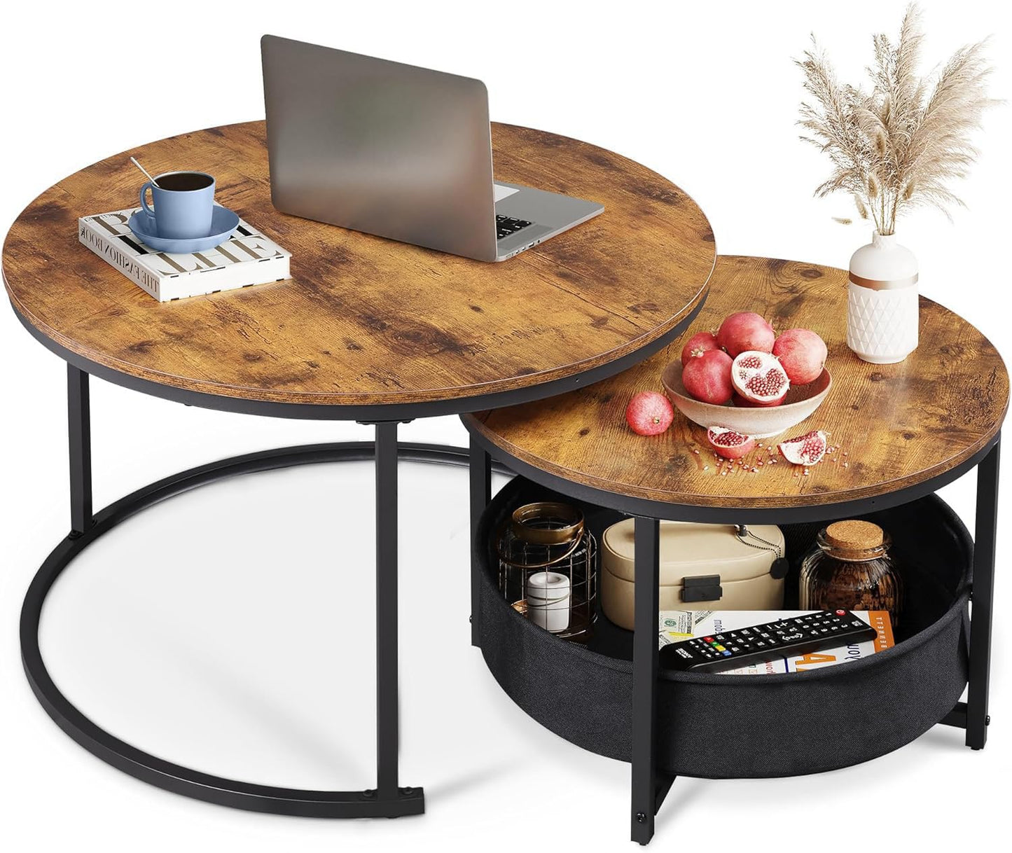 WLIVE Round Coffee Table, Set of 2, Modern Living Room Table, Round, Side Table with Fabric Basket, 80 cm Diameter Couch Table for Bedroom, Home Office (Grey Oak)