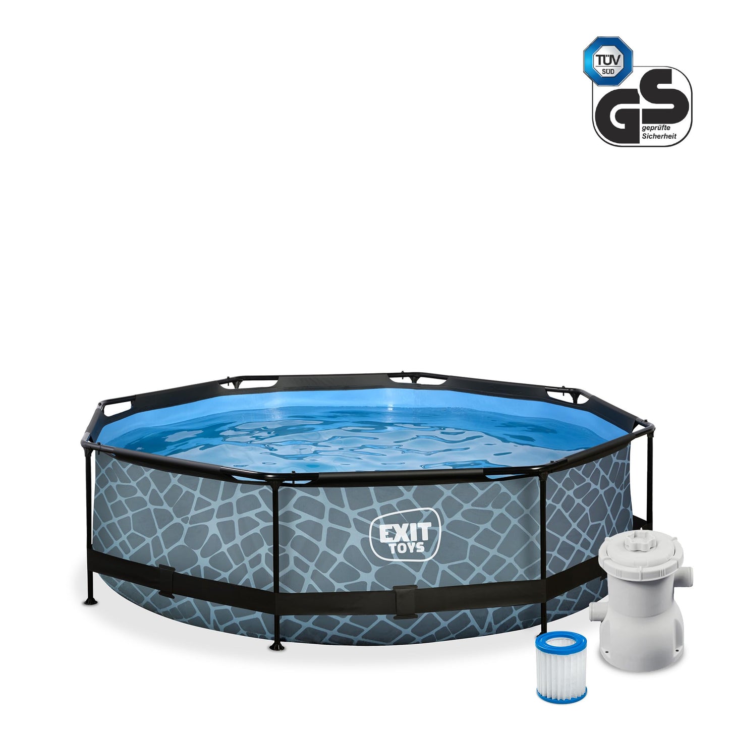 EXIT Toys Soft Grey Pool - 300x200x65cm - Rechteckiger, Kompakter Rahmenpool mit Kartuschenfilterpumpe - Leicht Zugänglich - Für Kleinkinder Geeignet - Starker Rahmen - Einzigartiges Design - Grau