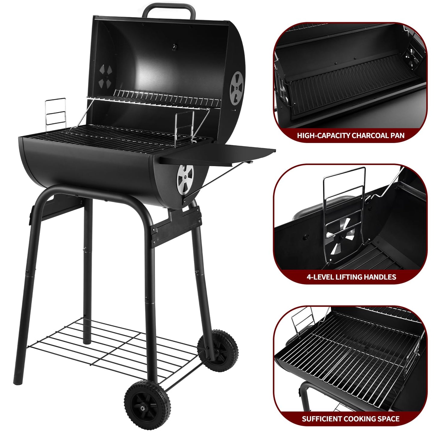 Charcoal Grill Trolley - Charcoal Grill Handle, Grill Grate and Thermometer, Charcoal Grills with Lid | Smoker Grill Charcoal Grill Large BBQ Grill Garden Grill Charcoal Charcoal