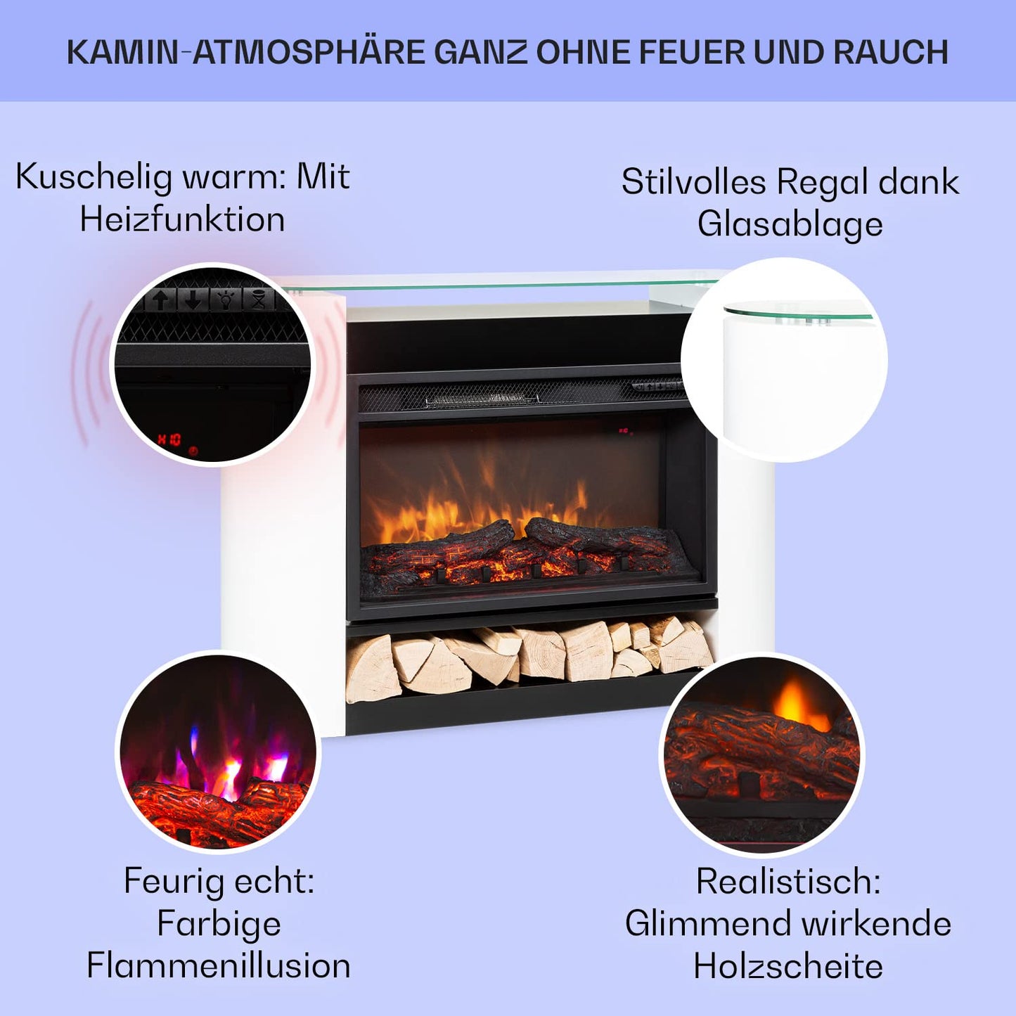 Klarstein Elektrokamin, Elektro Heizungen für Wohnzimmer & Innenräume, Elektrischer Kamin mit LED Flammen, Sparsamer Elektroofen, Heizlüfter mit Timer, Einstellbarer Thermostat, Heizung 1800 W
