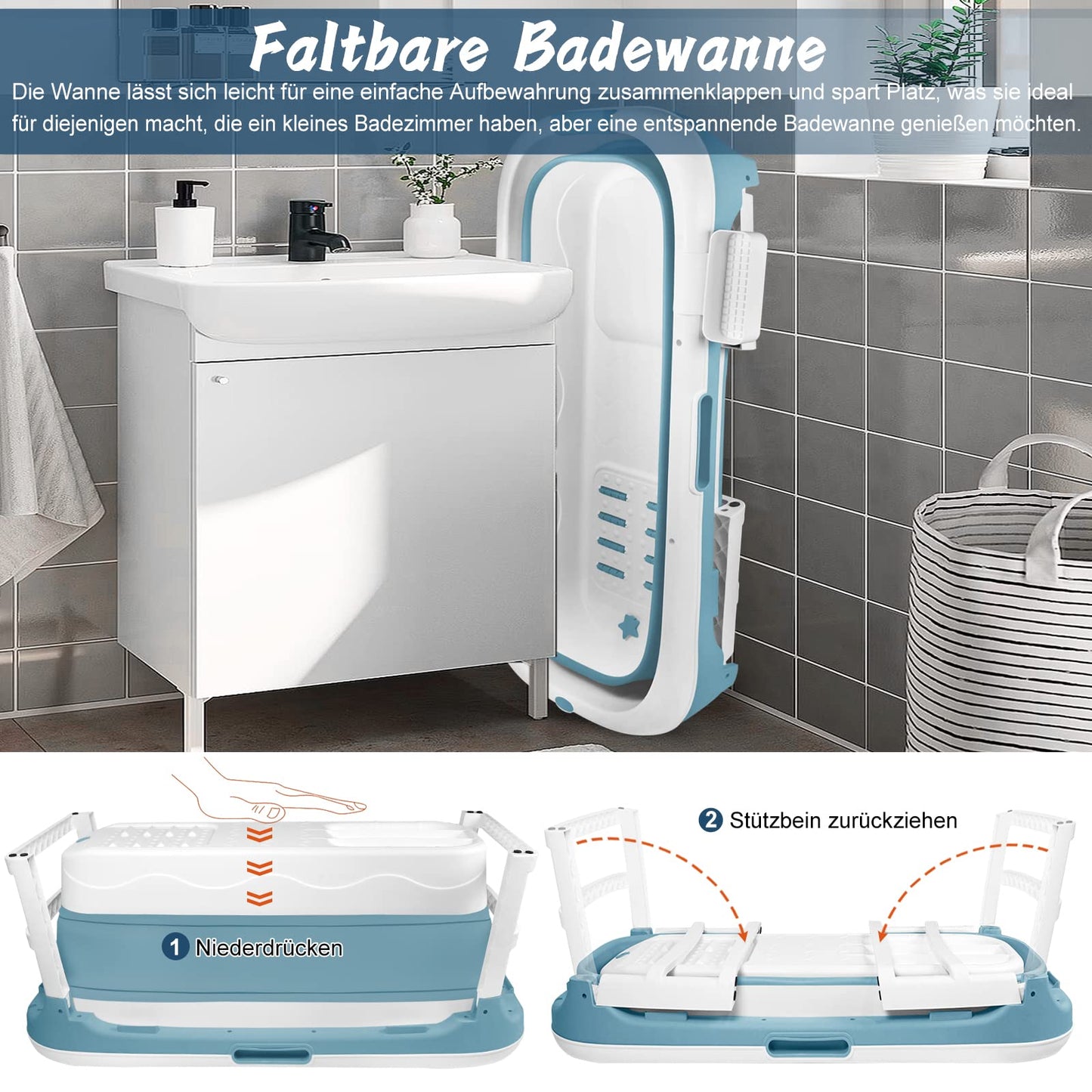 LARS360 Foldable Bathtub, Adult, Travel Bathtub, Folding Bathtub with Removable Cover, Soap Basket, Massage Rollers, Mobile Bathtub for Small Bathroom (118 x 62 x 53 cm)