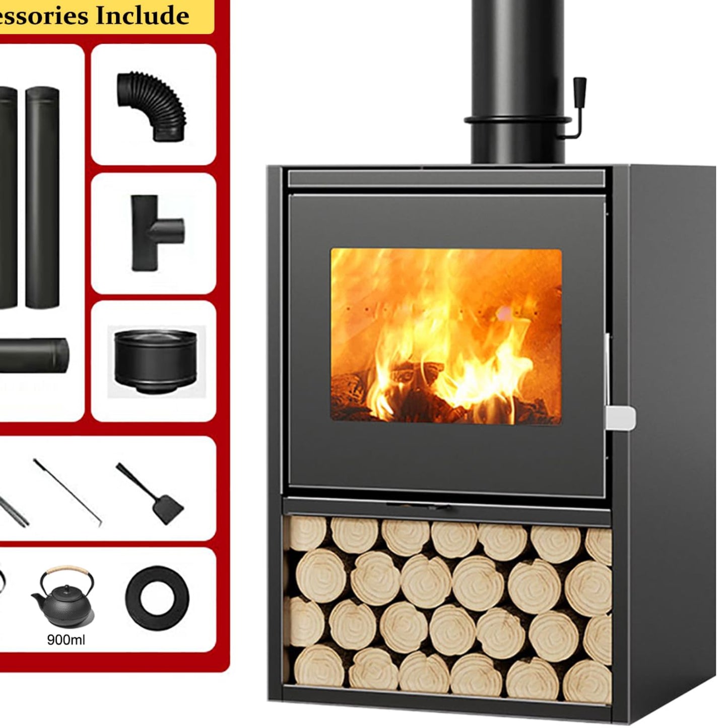 Fireplace Stove with Ceramic Glass Window, Workshop Stove, Continuous Burning Stove, Hut Stove, Heating Stove, Black, Wood Stove, Suitable for Hotel, Host Family, Villa Café (Size: 60 x 49 x