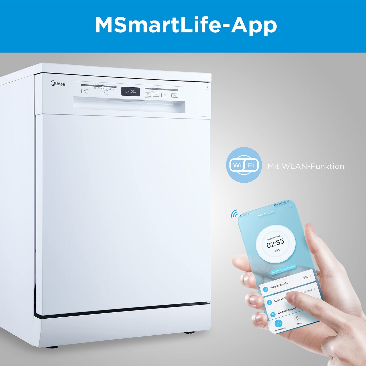 Midea SU 5.35X14CS Dishwasher Base, 14 MGD, Dishwasher 60 cm, Home Connect, Hygiene Care+, Machine Care +, Extra Drying, Half Load, 44 db, Start Delay, Stainless Steel