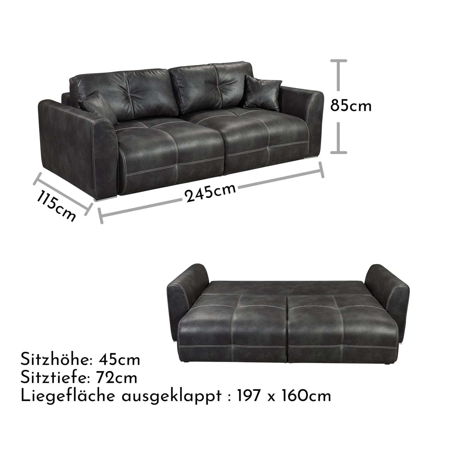 Dolan Comfortable Sofa Bed in Leather Look with Bed Box, Light Brown, Extendable Sofa with Sleep Function, 245 x 85 x 115 cm (W x H x D)