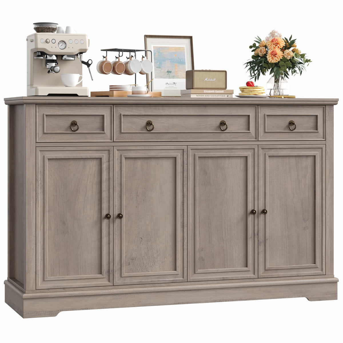 FirFurd Sideboard Kitchen Cabinet with Worktop Buffet Cabinet Sideboard for Kitchen Living Room Cabinet with 3 Drawers and 4 Doors Kitchen Buffet with Adjustable Shelf 134 x 87 x 40 cm White