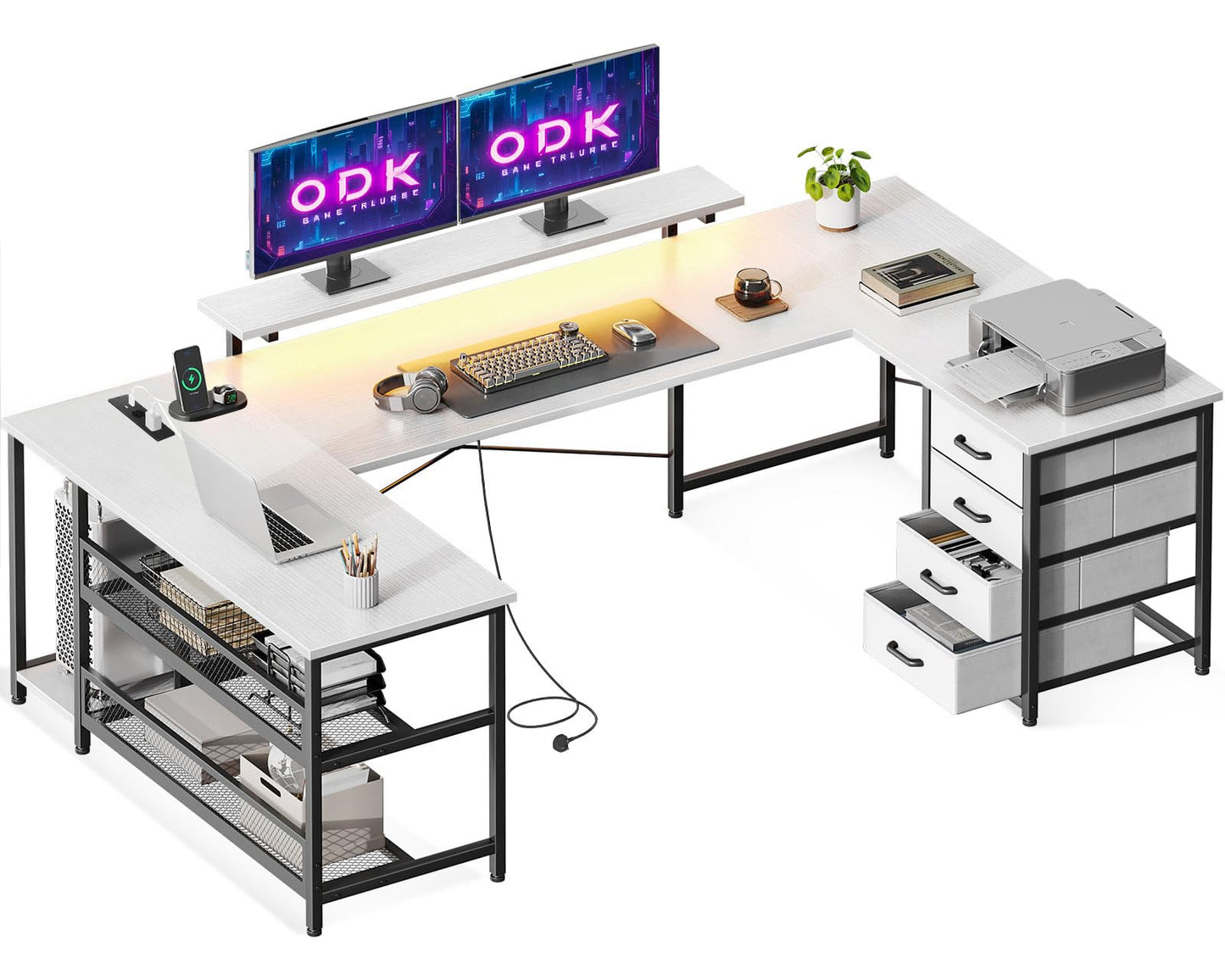 ODK Corner Desk with 4 Drawers and Storage Space, 167 x 102 cm Reversible Corner Desk with 2 Sockets and 2 USB Charging Ports, Gaming Desk with LED and Monitor Stand for Home Office, Black