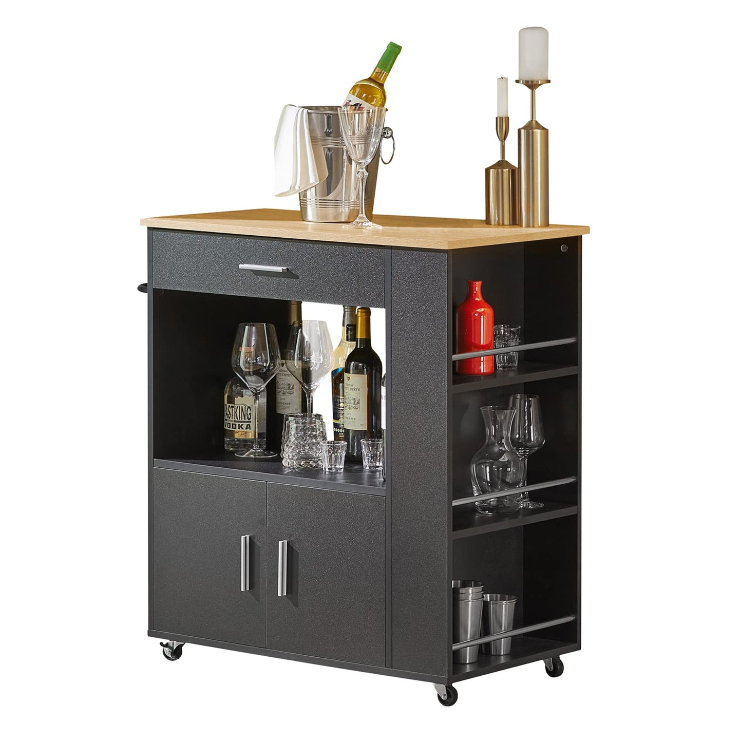 SoBuy Serving Trolley with Wheels Kitchen Trolley with Worktop Rolling Trolley Kitchen Island with Worktop Narrow Microwave Cabinet Kitchen Cabinet Side Table Wood Black 82 x 88 x 46 cm FKW113-SCH