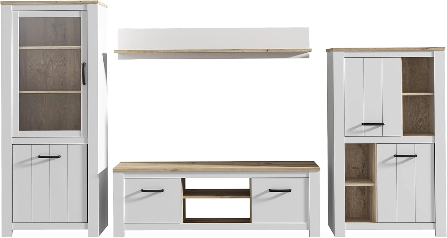 FORTE Elara Wall Unit with 5 Doors and 1 Glass Door, Wood Material, Matt White / Bianco Oak, 344 x 185 x 42 cm