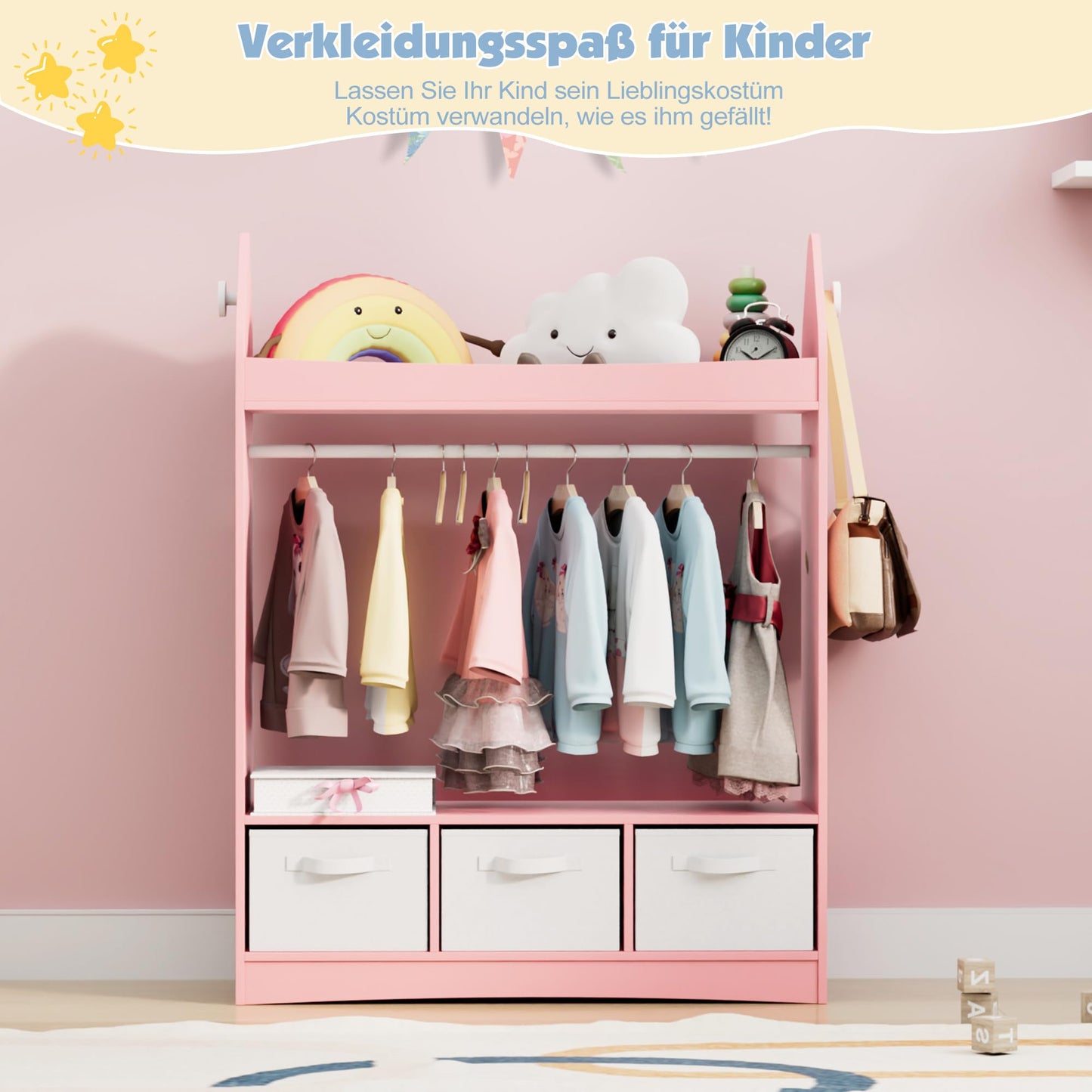 Children's Clothes Rack with Mirror, Clothes Rail with Shelves, Children's Wardrobe Wood, Children's Shelf for Children's Room, 81 x 28 x 106.5 cm (Clouds with 2 Drawers, White)