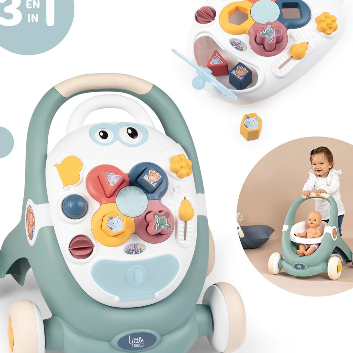 Smoby Toys Little Smoby Walker from 1 Year - 3-in-1 Walker with Walker, Activity Board & Doll's Pram for Babies and Toddlers from 12 Months