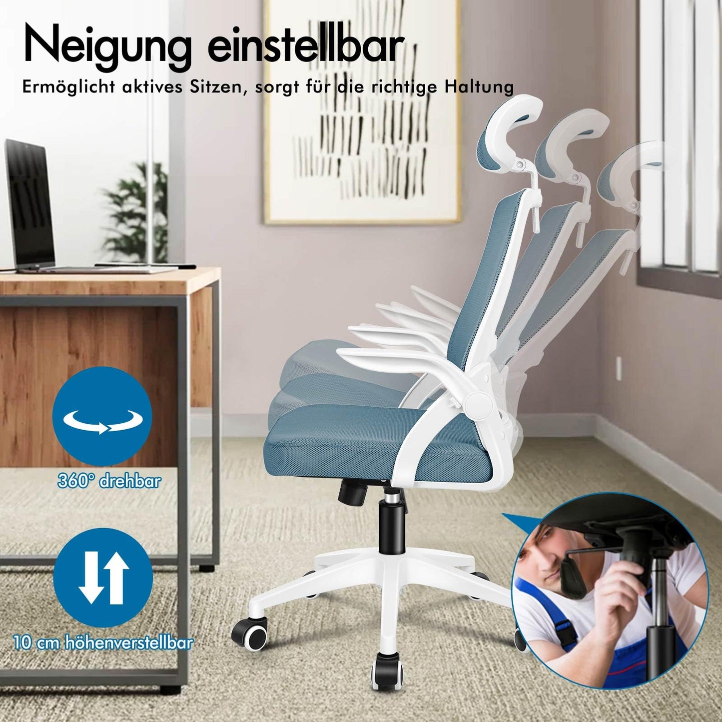 ALFORDSON Ergonomic Office Desk Chair, Computer Chair with Dynamic Lumbar Support, Tilting Swivel Chair with Flip Up Armrest, Black