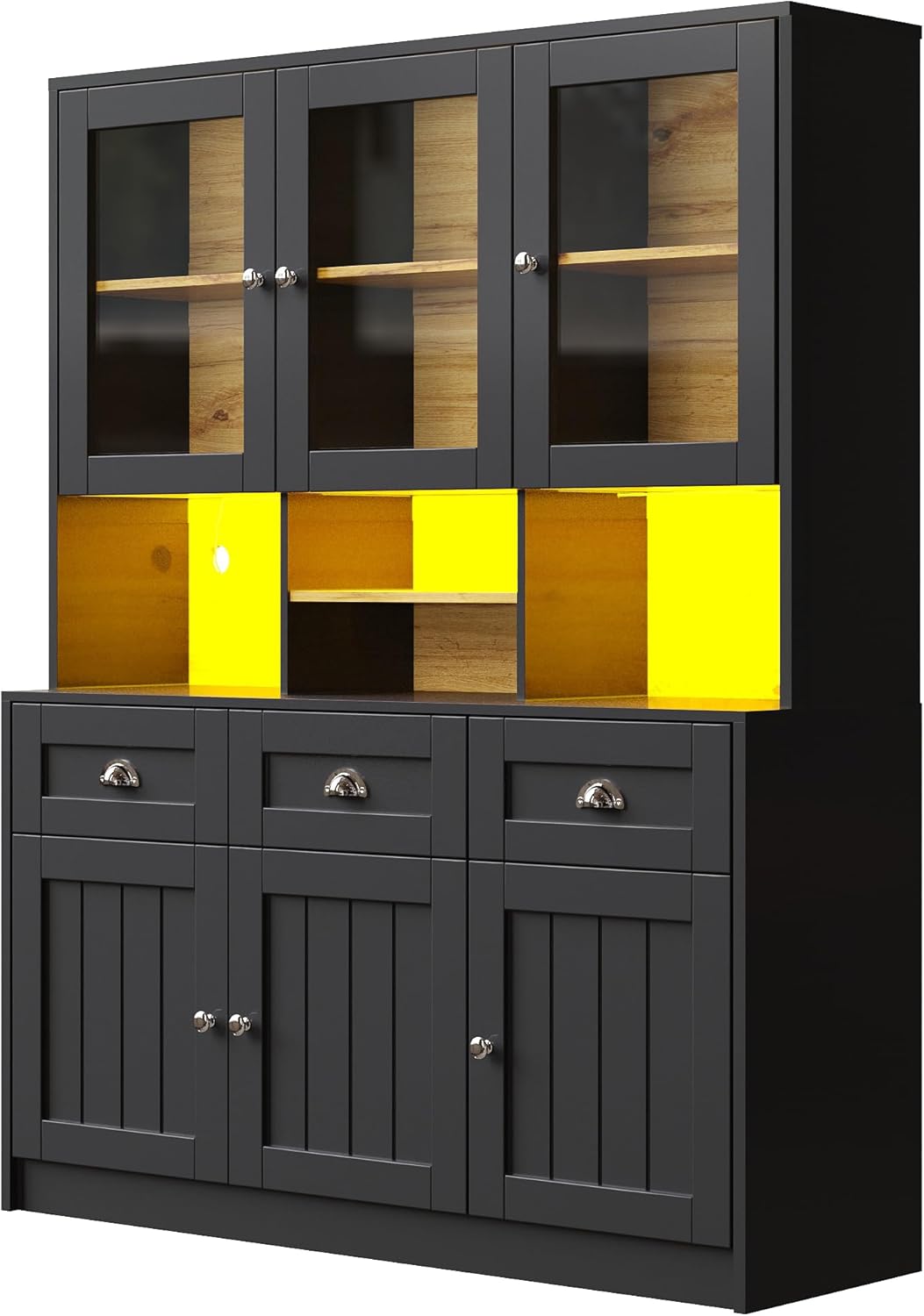 Dolamaní Kitchen Cabinet Buffet Cabinet 140 x 40 x 175 cm with LED More Storage Space for Kitchen, Buffet with Worktop & Adjustable Shelf, Display Cabinet with 3 Drawers with 6 Doors (Black)