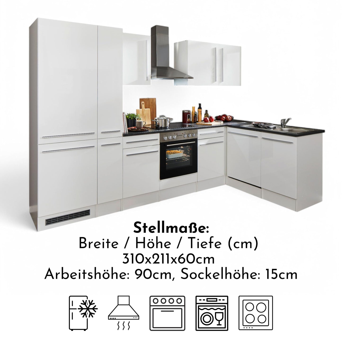 Jazz 8 Modern Corner Kitchen without Electrical Appliances in White High Gloss, Metallic Grey - Spacious Kitchen Unit in L-Shaped with Lots of Storage Space - 220 x 211 x 60 cm (W x H x D)