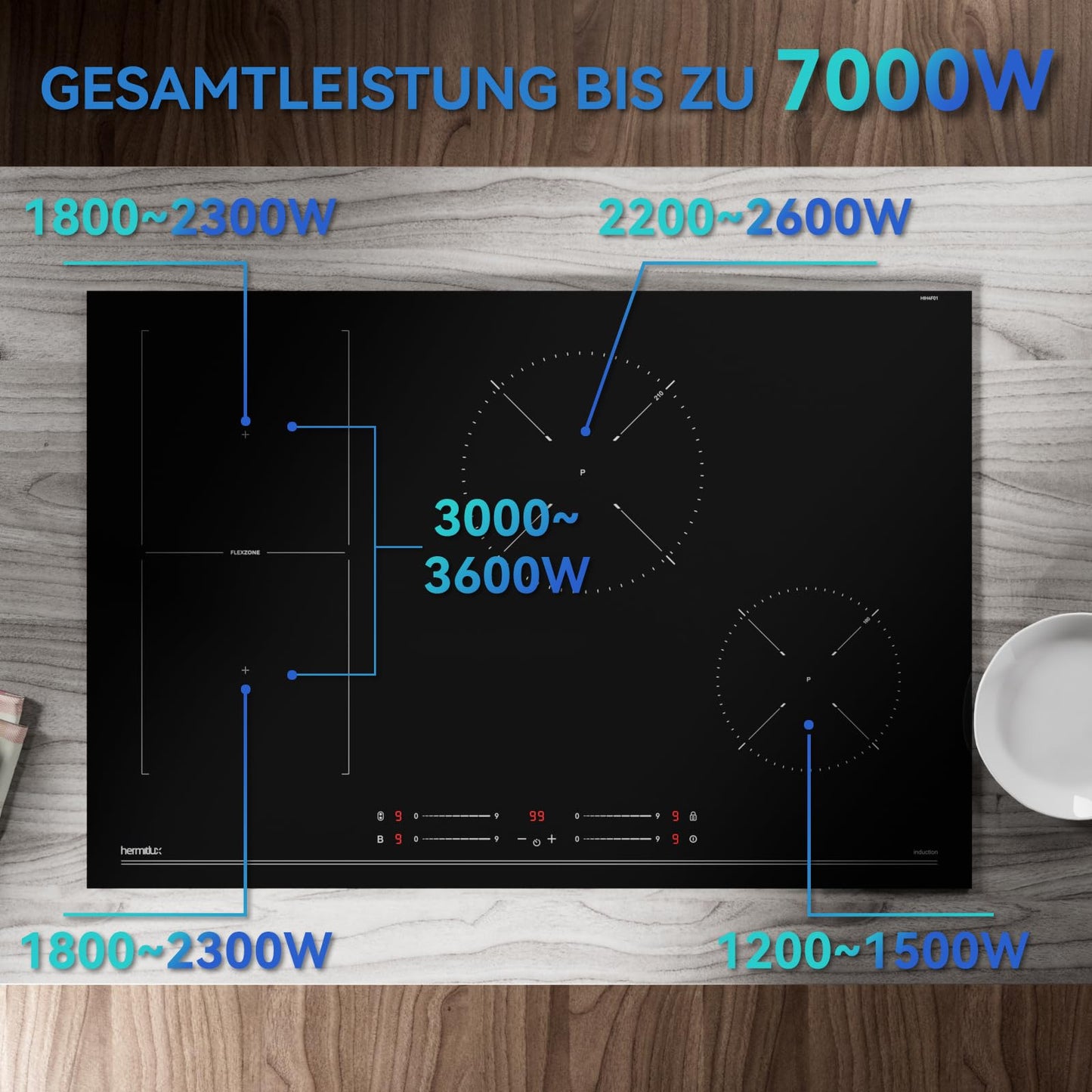 Hermitlux kochfeld 28,8cm, Glaskeramik Kochfeld 2 Platten, 9 Leistungsstufen, Touch-Steuerung, Timer, Kindersicherung, Geeignet für Alle Töpfe, 3300W
