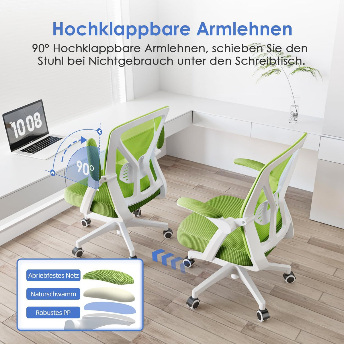 Hinonde Office Chair, Desk Chair with Folding Armrests and Rocker Function, 360° Swivel Chair, Height-Adjustable Office Chair, Ergonomic Home Office Chair with Breathable Mesh, Up to 150 kg