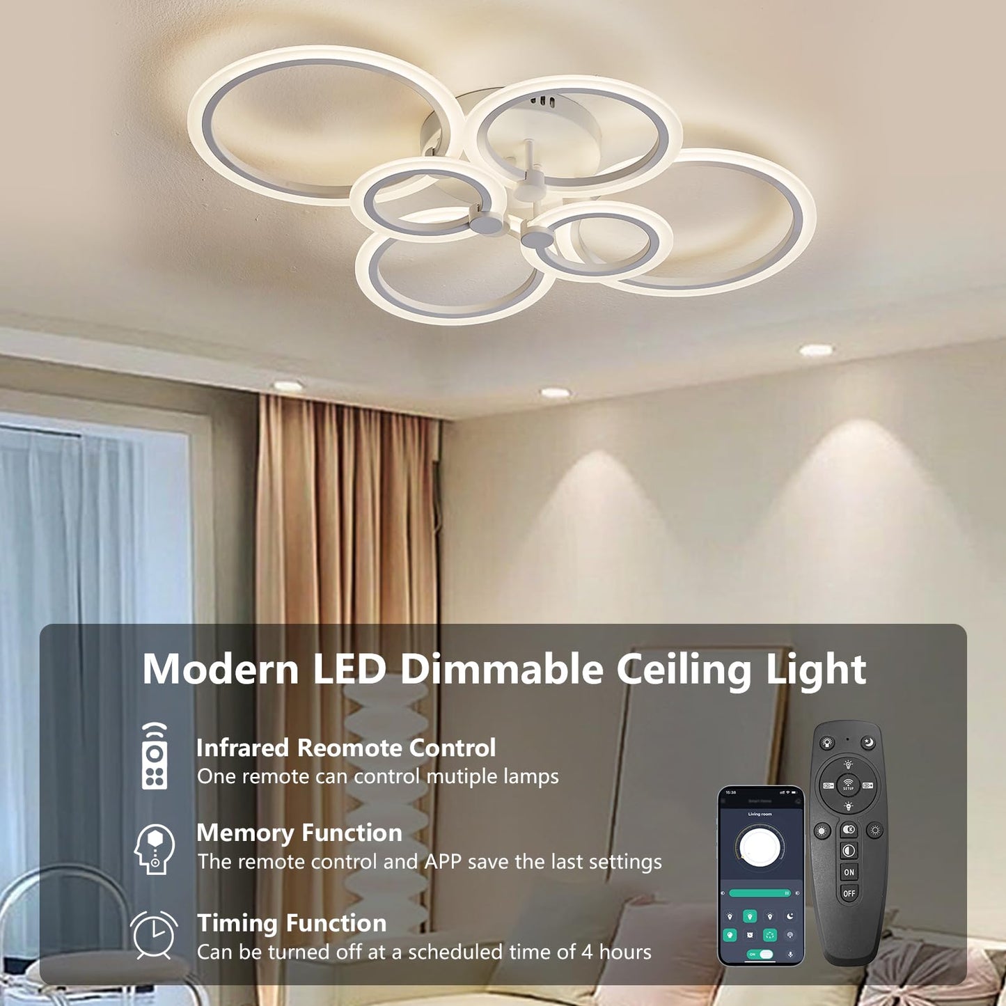 SUCIKORIO LED Deckenleuchte Dimmbar mit Fernbedienung, Modern LED Deckenlampe Rund Wohnzimmer 54W Wohnzimmerlampe 2700K-6500K Schlafzimmerlampe Decke mit APP für Schlafzimmer, Küche, Badezimmer, Flur