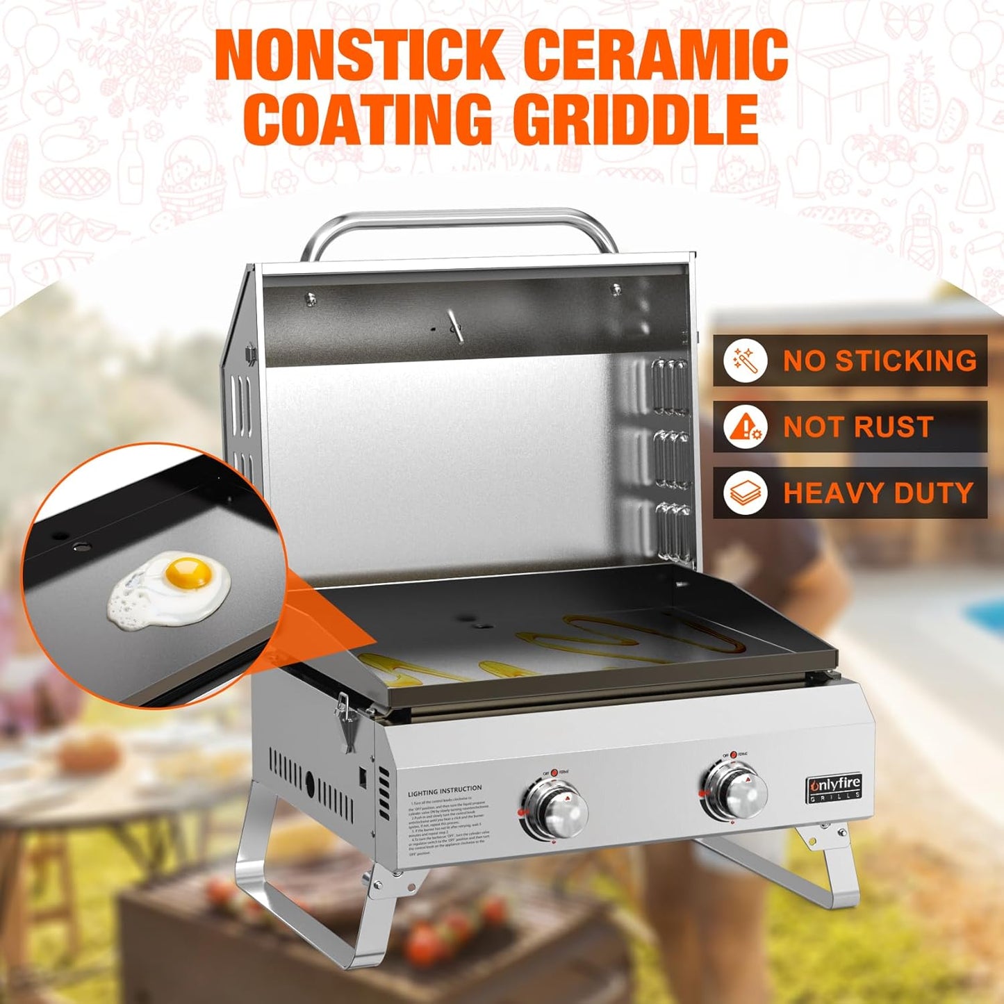 Onlyfire 2-Burner Gas Barbecue Small Stainless Steel 4.7 kW with Foldable Trolley, Side Shelves and Grill Grate, Garden Grill, Outdoor Gas Grill for Balcony Camping