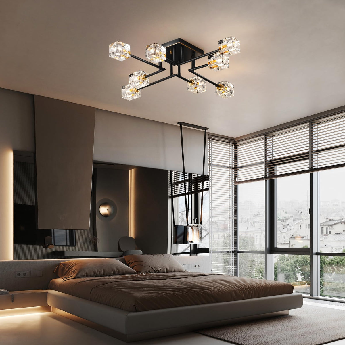 Modern Kistall Semi-Flush Ceiling Light Living Room, 8 Lights, Gold Crystal Chandelier, Semi-Flush Crystal Chandelier, Luxury Ceiling Light for Bedroom, Dining Room