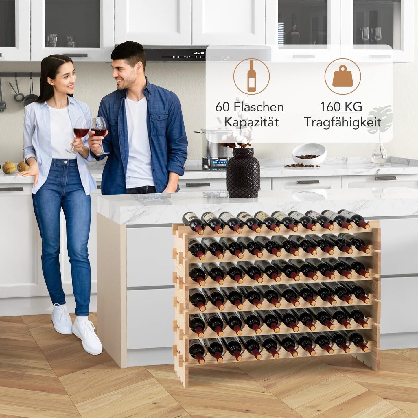COSTWAY Wine Rack Wood Stackable Bottle Rack for 72 Bottles, Wine Rack with 6 Levels, Wooden Shelf, Bottle Stand for Kitchen, Dining Room, Bar, Basement, 119 x 29 x 72 cm