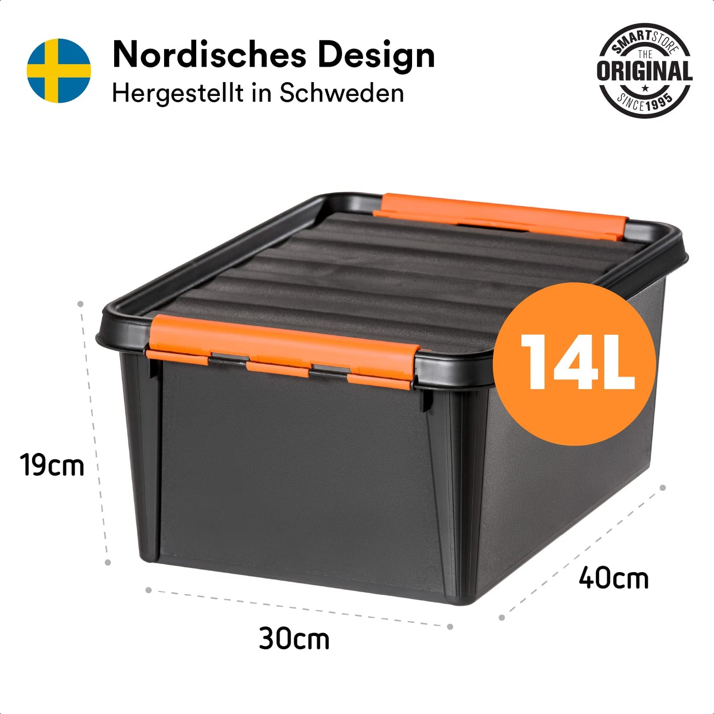 SmartStore Large Storage Boxes with Lids - Set of 4 for Tool Storage - Sturdy 49L Storage Box - Nesting on Top of Each Other - BPA Free - 59 x 39 x 34 cm - Black