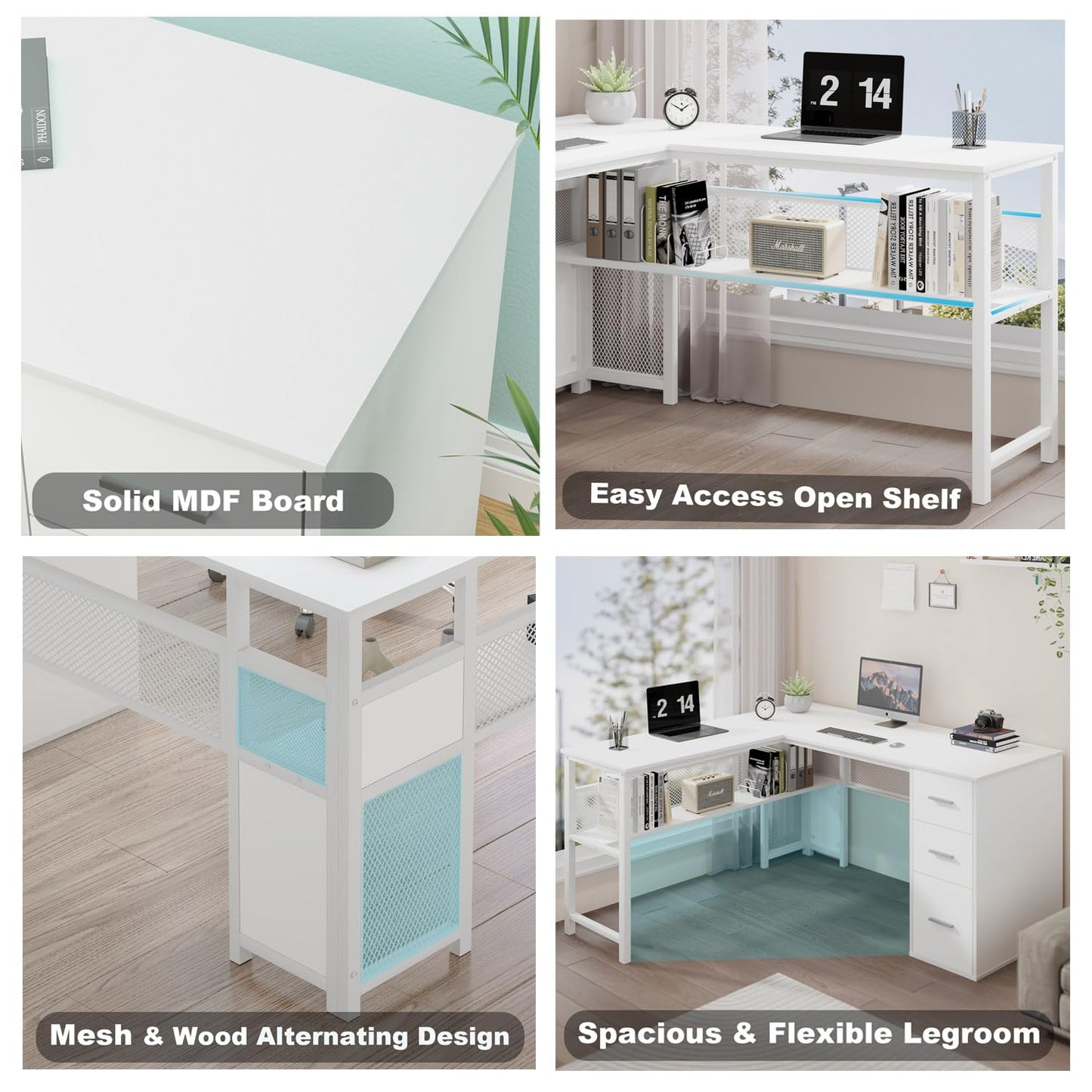 LVB White L Shaped Corner Desk with Drawers, Reversible Modern L Shaped Computer Desk with Storage Cabinets, Large L Shaped Wooden L Shaped Desk Metal L Shape