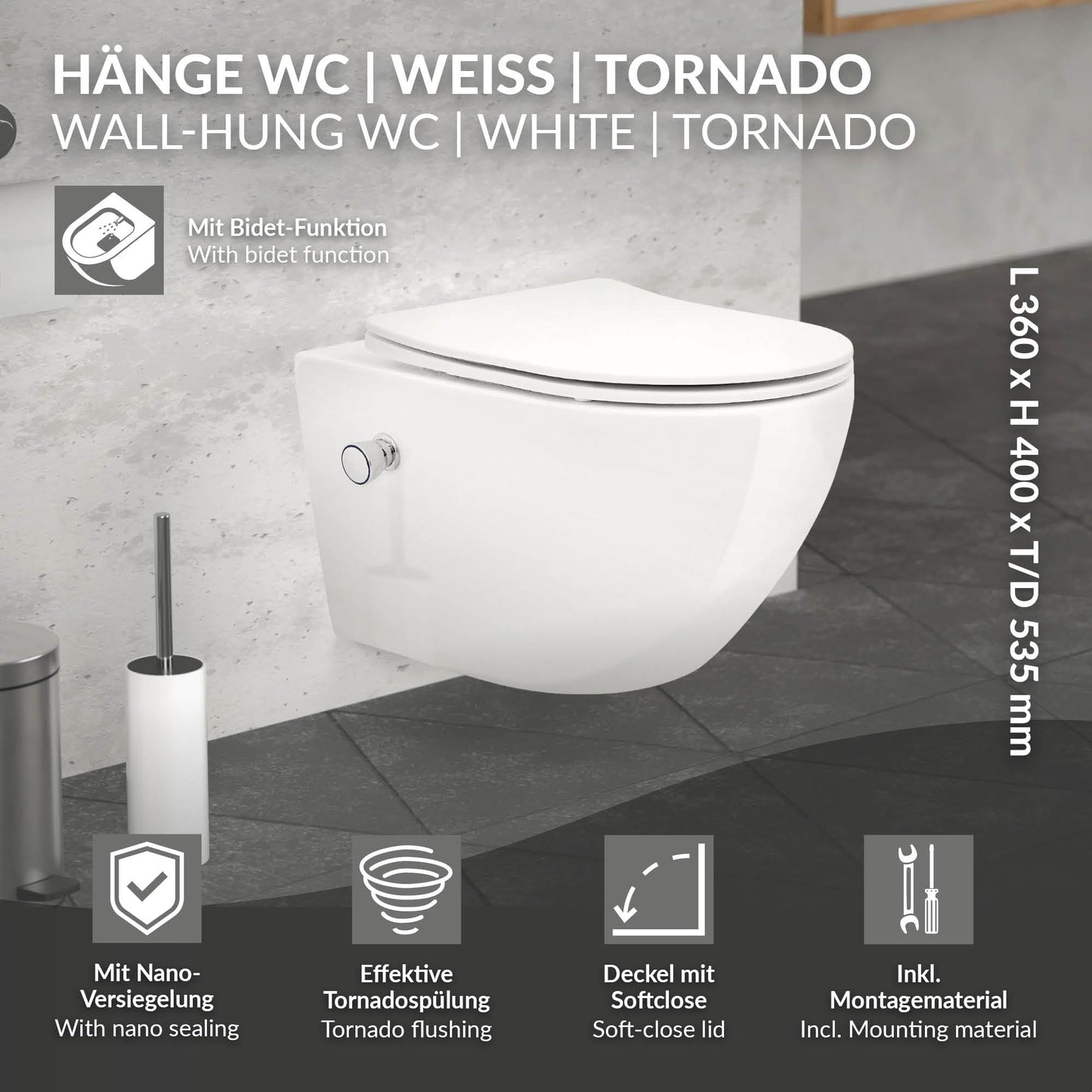LuxeBath Wall-Mounted Toilet Rimless with Bidet Function, White, Deep Washdown Ceramic Hanging Toilet, Long 53.5 cm, Shower Toilet Nano Coating, Tornado Flush, Shiny Toilet Bowl Hanging with Toilet