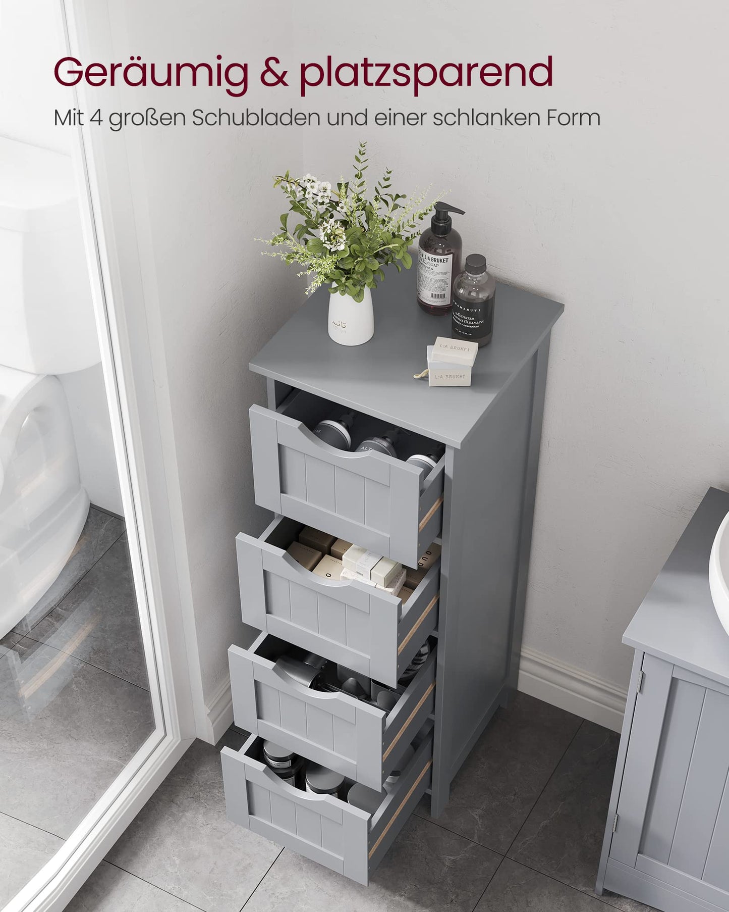 VASAGLE LHC40W Bathroom Cabinet Side Cabinet with 4 Drawers 30 x 30 x 82 cm for Bathroom Living Room Dining Room Kitchen Modern White