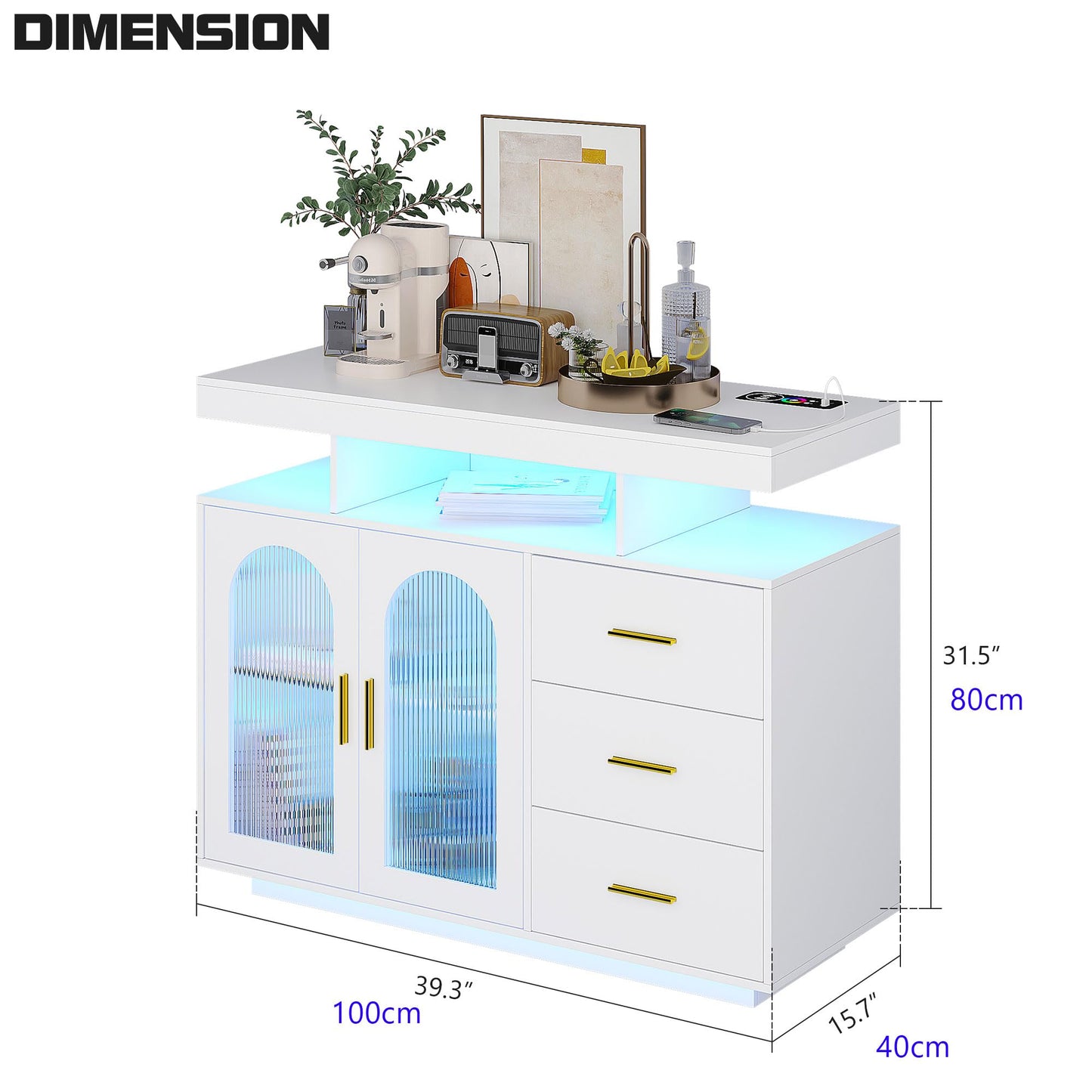 Lvifur Buffet Cabinet, Sideboard, White, Storage Cabinet with Wireless Charging Station, Automatic Sensor, RGB 20 Colours, Dimmable Sideboard, Intelligent Sensors, Chest of Drawers, Living Room, White